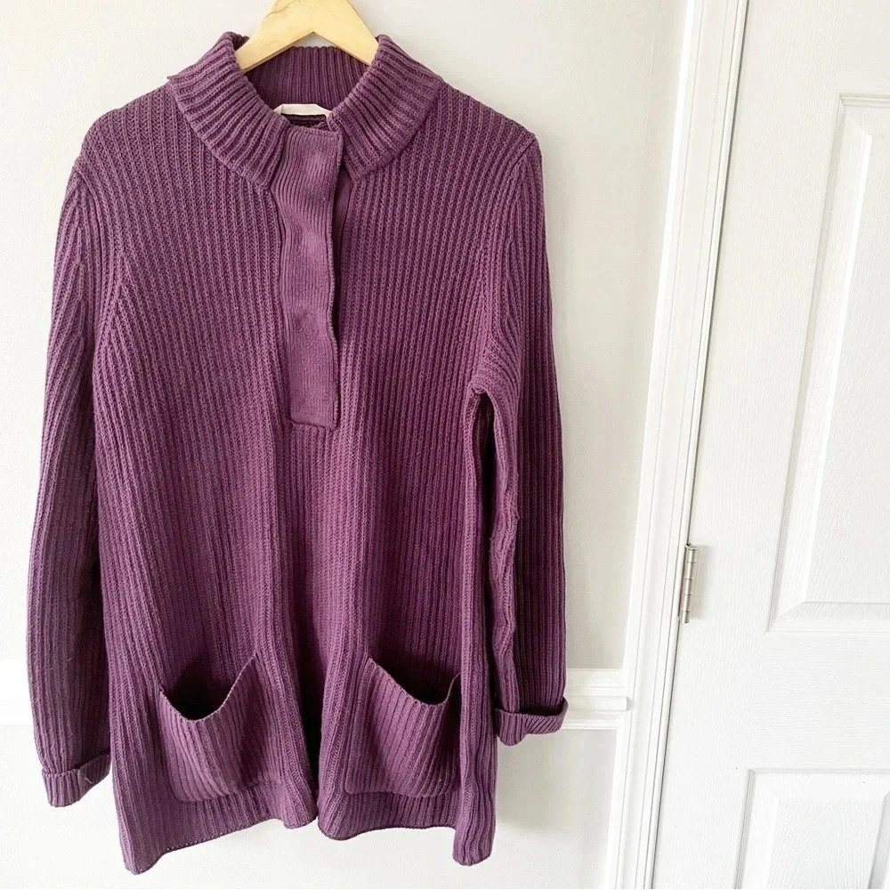 Soft Surroundings Tunic Sweater Purple Pull Over Knitted Henley Pockets Size L